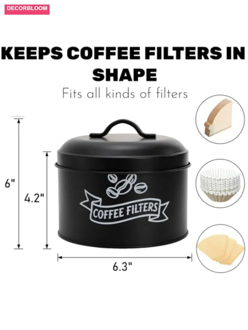 Large Coffee Filter Holder with Lid, Galvanized Iron Dispenser